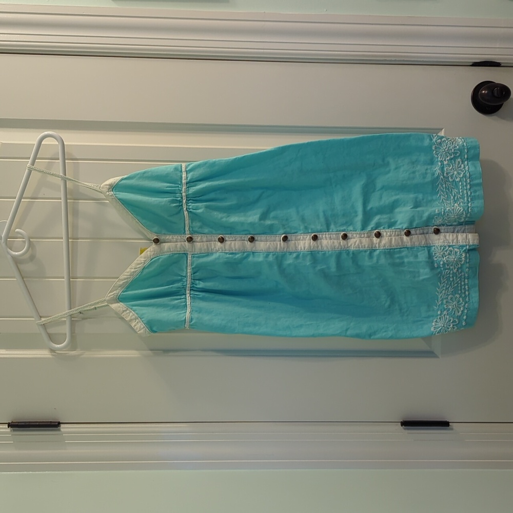 Baby blue and white embroider Roxy sundress, lined and button down front